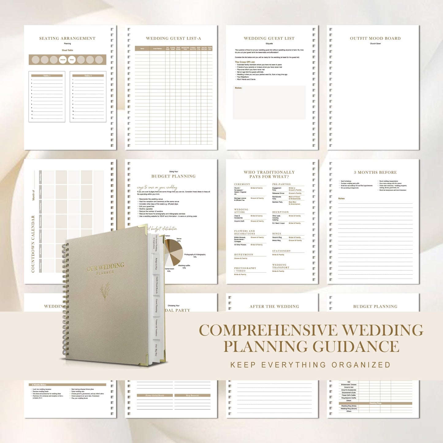 WeddingGiftsWedding Wedding Planner Book and Organizer for Bride - Elegant Linen Cover Wedding Planning Binder with Checklists,Pockets & Calendars,Perfect Engagement Gifts for Couples(Apricot)