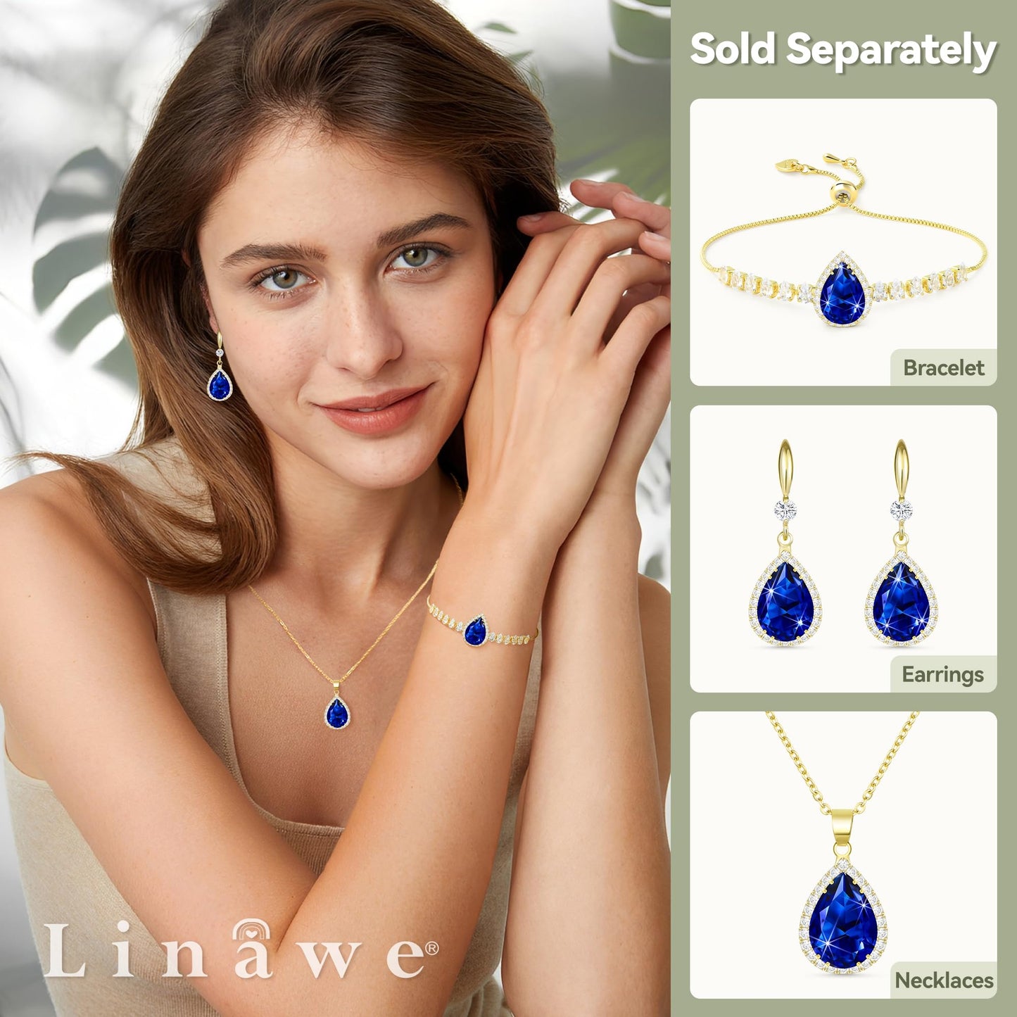 Linawe Sapphire Blue Dangle Earrings for Women Trendy, Imitation Diamond Drop Earrings, Chandelier Rhinestone Cubic Zirconia Crystal Teardrop Earrings 14K Gold, Wedding Jewelry