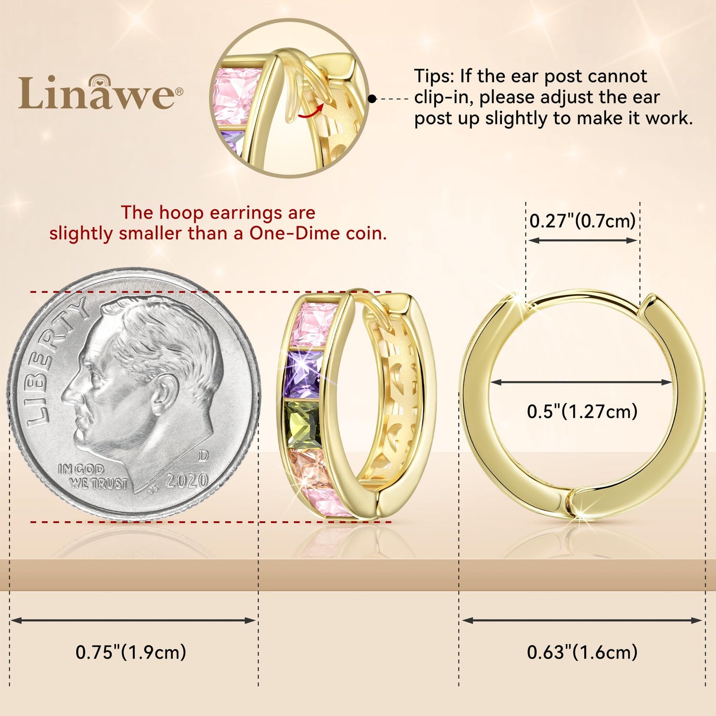 Linawe Gold Hoop Earrings for Women Trendy, Cubic Zirconia Rainbow Earrings, Tiny Mini Small Huggie Earrings, Safety Pin Flat Back Stud Earrings, Tragus Piercing Jewelry