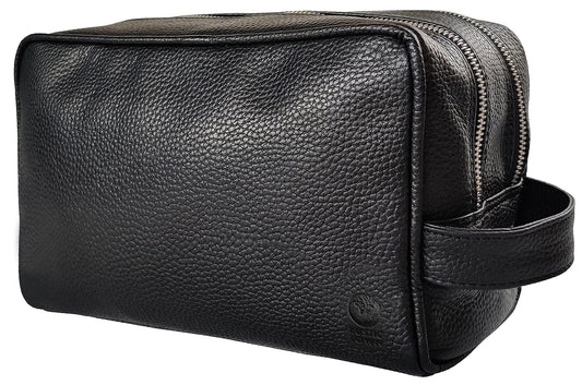 RUSTIC TOWN Full Grain Leather Travel Toiletry Bag - Cosmetic Makeup Kit Organizer (Medium, Black)