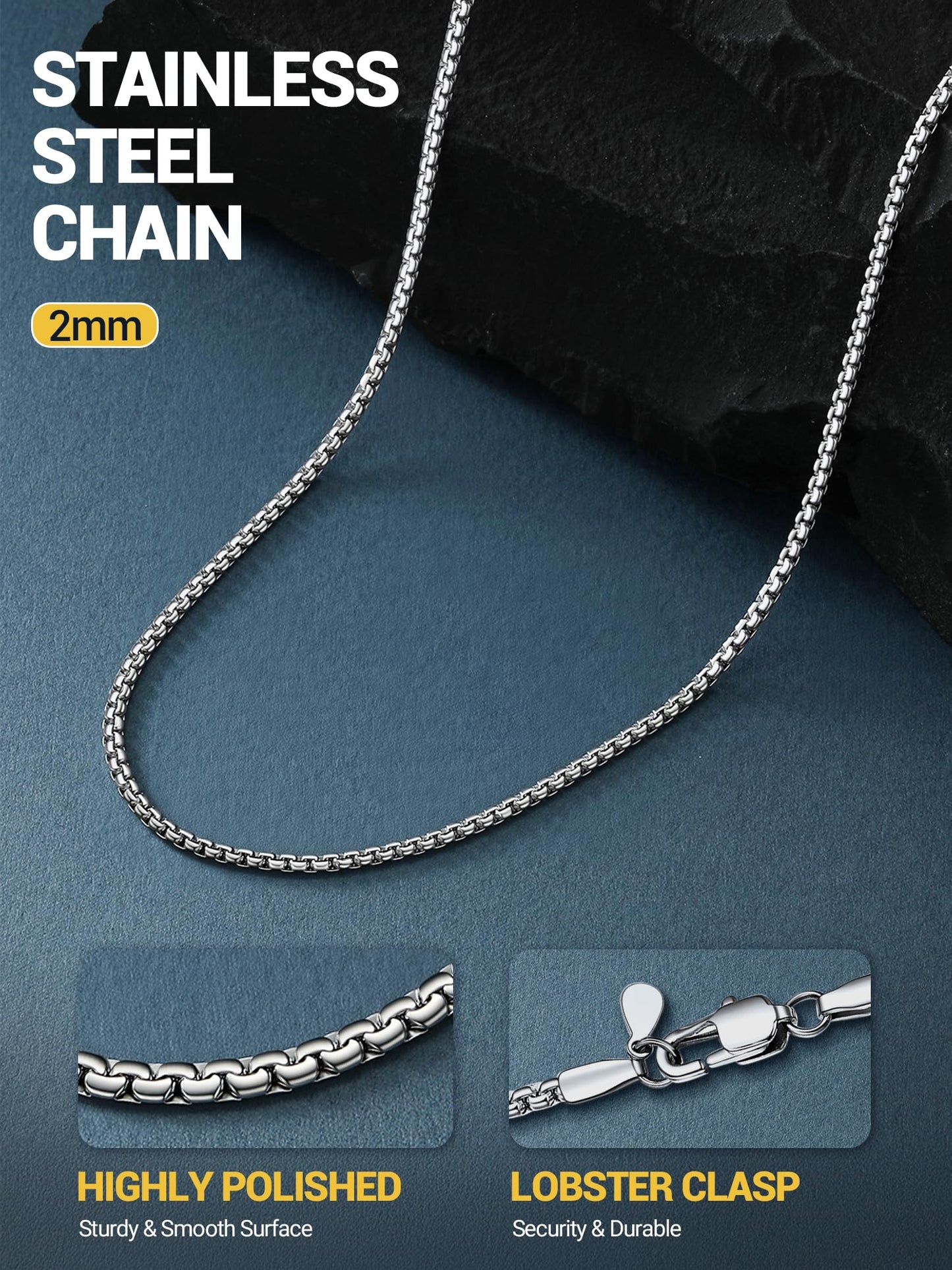 PROSTEEL Mens Chain Stainless Steel Silver Necklace 2mm Waterproof Chain for Men 18inch
