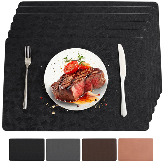 Bxzandya Vinyl Placemats Set of 6 Heat Resistant Easy Clean Non-Slip Place Mats for Dining Table Faux Leather Waterproof Stain Resistant Wipeable Washable PVC Table Mats(6, Black)