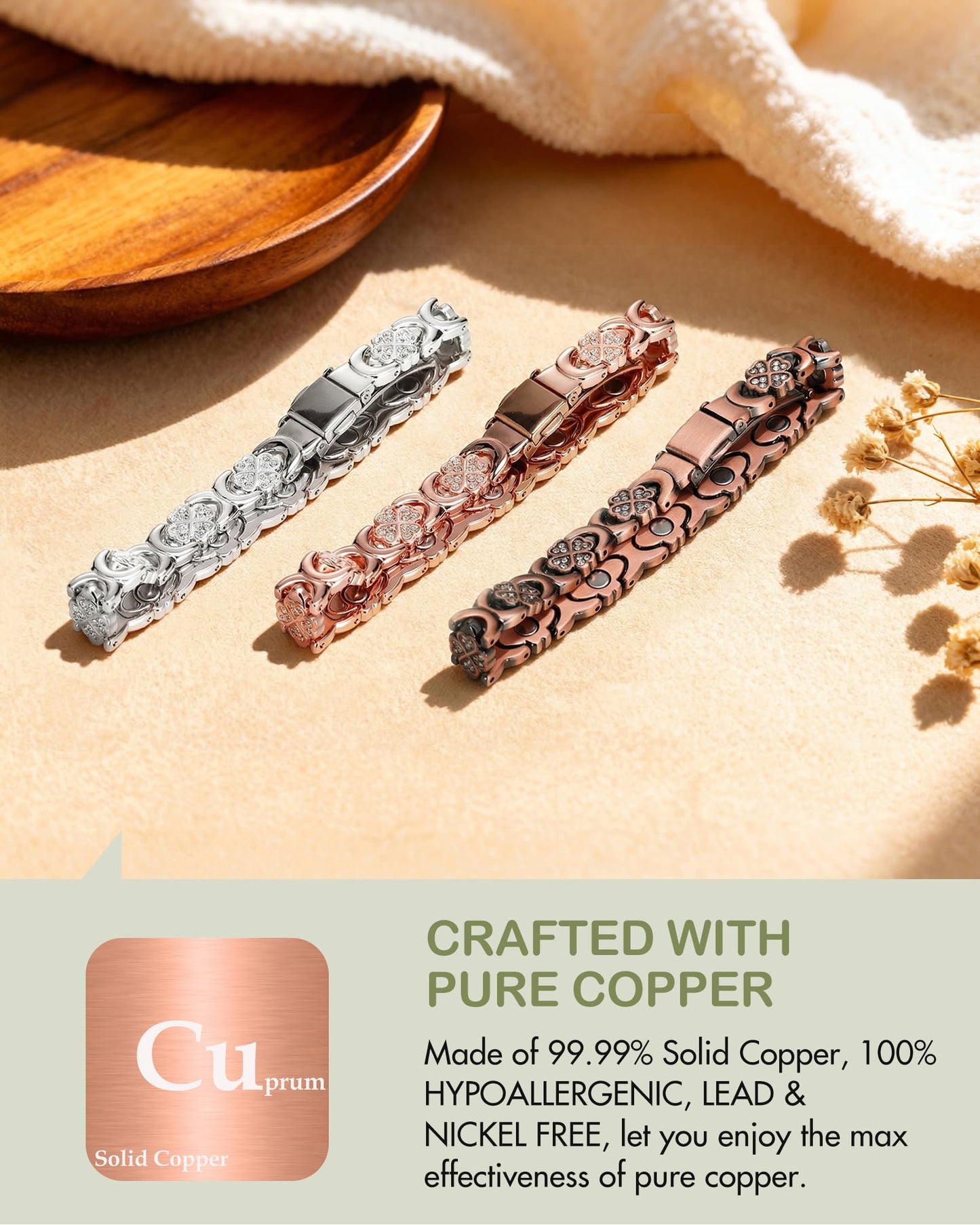 Feraco Pure Copper Bracelets for Women, Ultra Strength Magnetic Bracelet for Women with 3800 Gauss Magnet & Sparkling Cubic Zirconia, Copper Jewelry Gift, Infinite Clover (Silver)