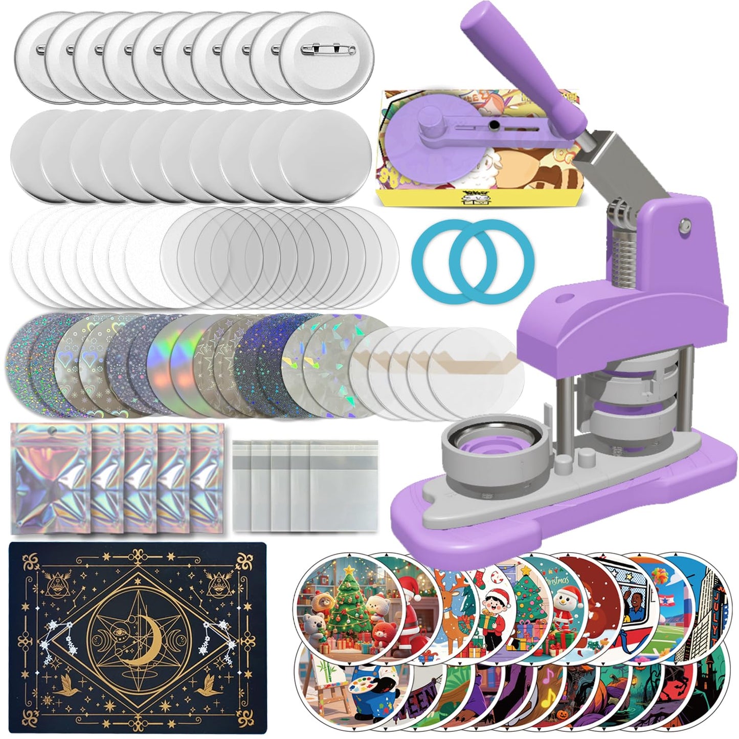 Button Maker Machine 58mm (2.25 inch), DIY Button Pin Maker Machine Comes with Free Button Parts, Circle Cutter, Cutting Board, Pattern Paper, Holographic Bags, Colored Film, and Protective Case