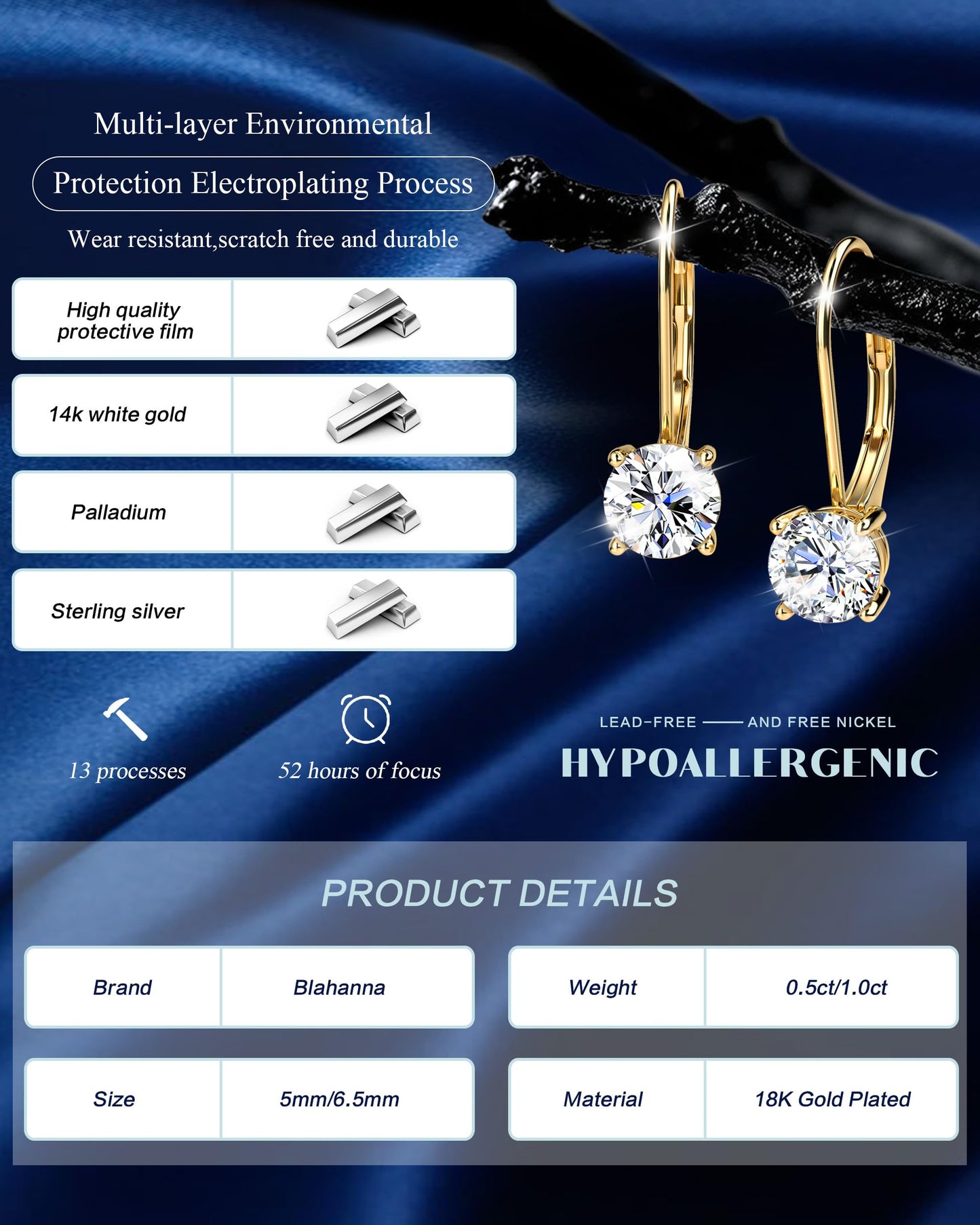 Blahanna Moissanite Earrings,1.0ct-2.0ct D Color Brilliant Round Cut Earrings S925 Sterling Silver Dangle Earrings Moissanite Leverback Drop Earring gold 5mm