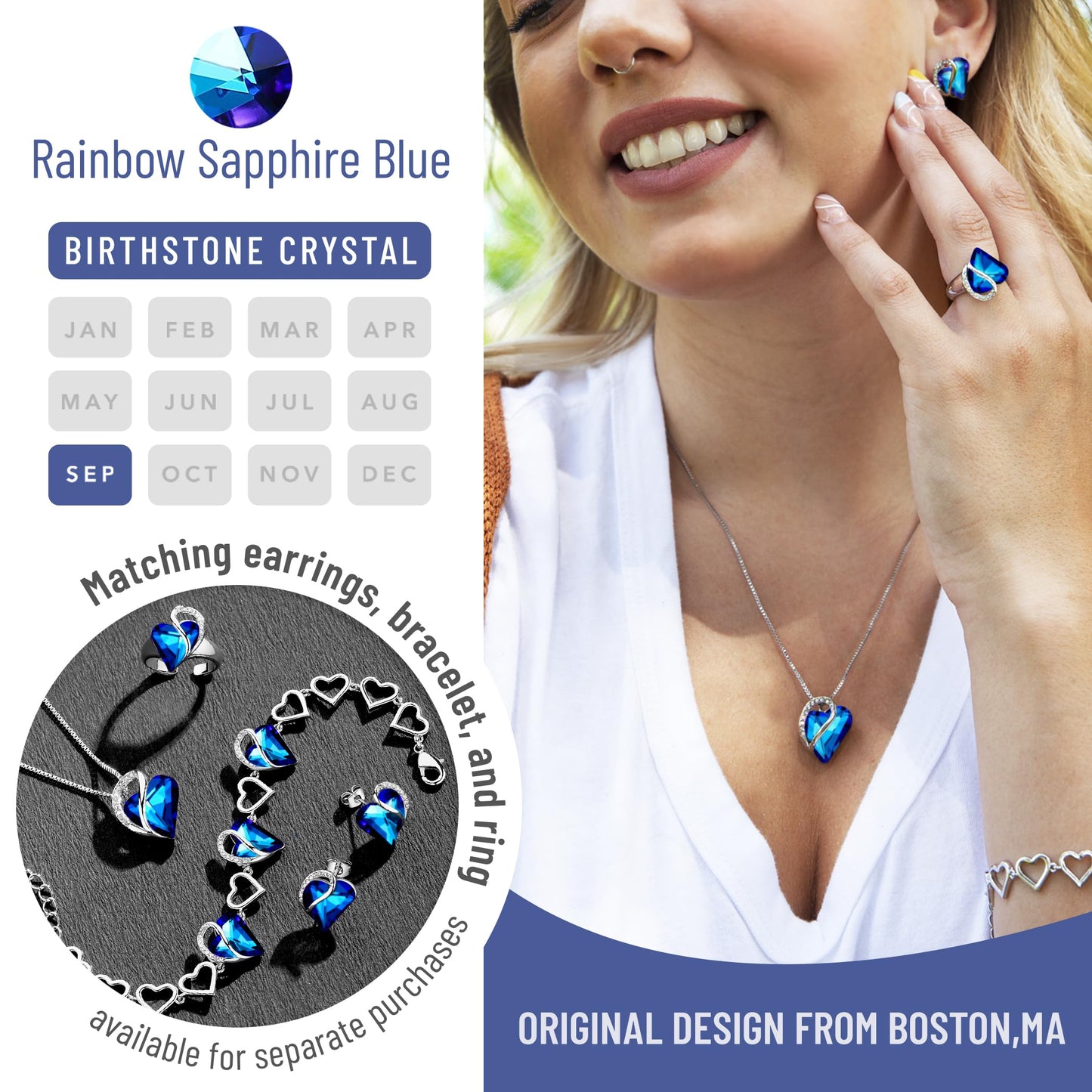 Leafael Gift Necklaces for Women, Infinity Love Birthstone Heart Pendant, Rainbow Blue Crystal for September, Birthday Jewelry for Her, Mom, and Wife, Silver Plated, 18" + 2" Chain