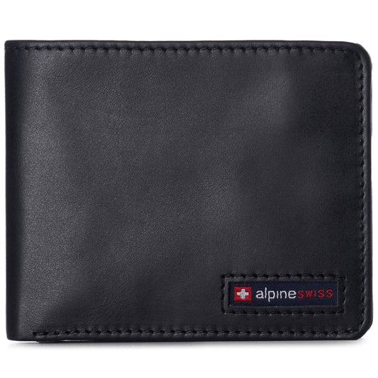 Alpine Swiss Mens Wallet for Men | RFID Protected Leather Mens Wallet | Spencer Bifold with Divided Bill Section | Gift Box | 2 ID Windows | 14 Card Storage Pockets for Organization Glossy Nappa Black