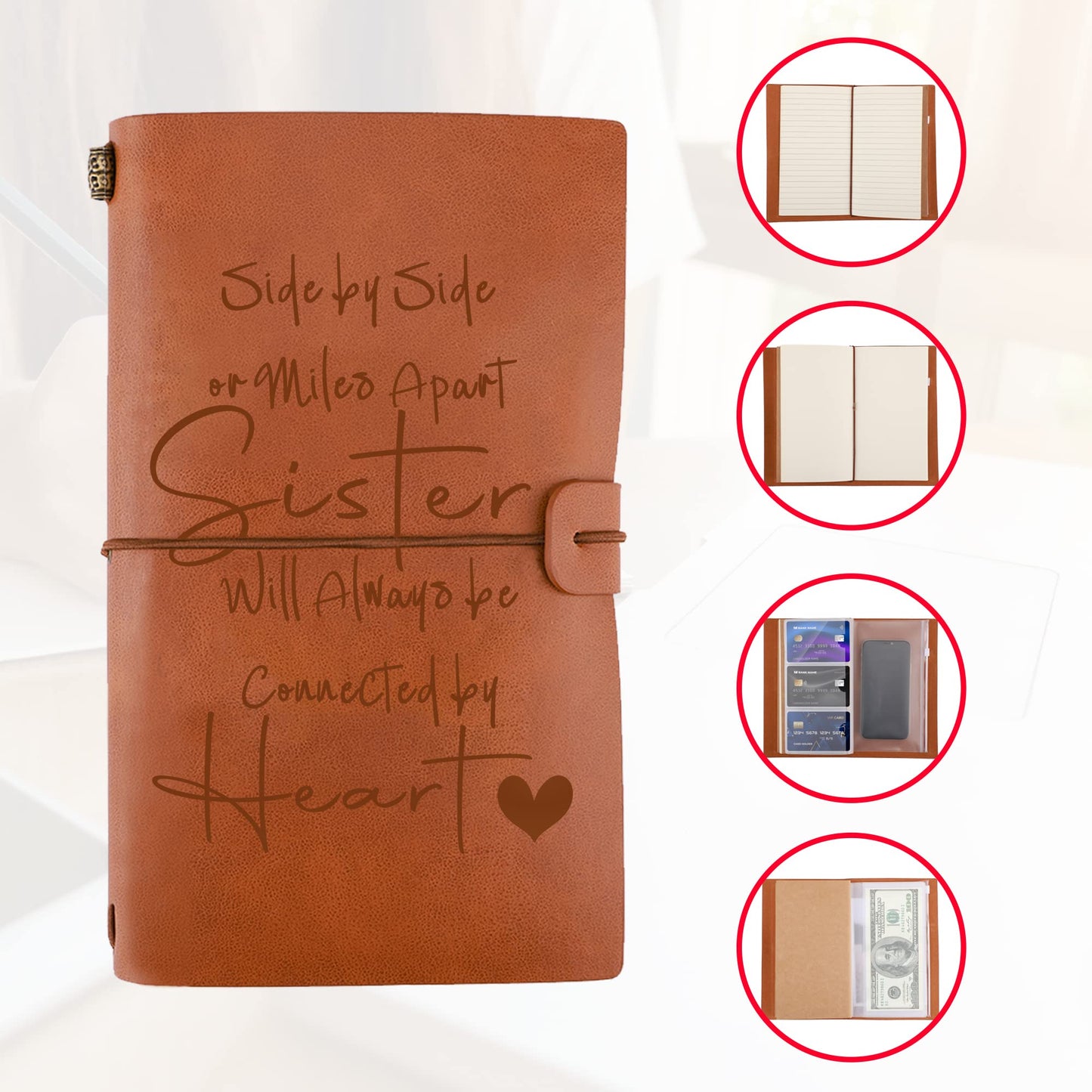 JOYKWE Friendship Gifts for Best Friend Gift from Sister Leather Journal Present for Sister - Side by Side or Miles Apart Friendship Gift for Women Friends Birthday Wedding Keepsake from Brother