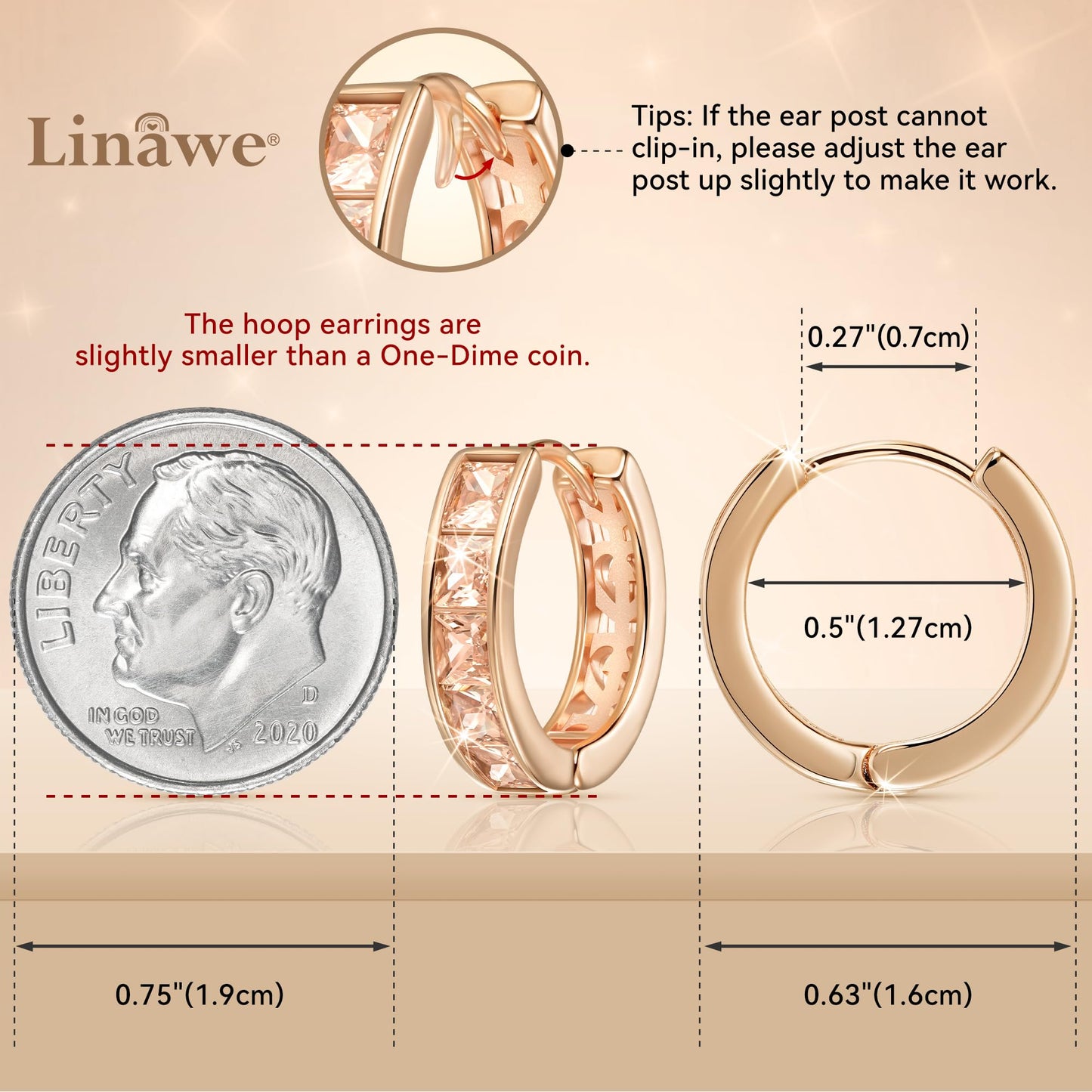 Linawe Hoop Earrings for Women Trendy, Rose Gold Huggie Earrings Stud, Small Hoop Cubic Zirconia Mini Tiny Hoops, Moissanite Cartilage Cuff Preppy Earrings, Safety Pin Flat Back