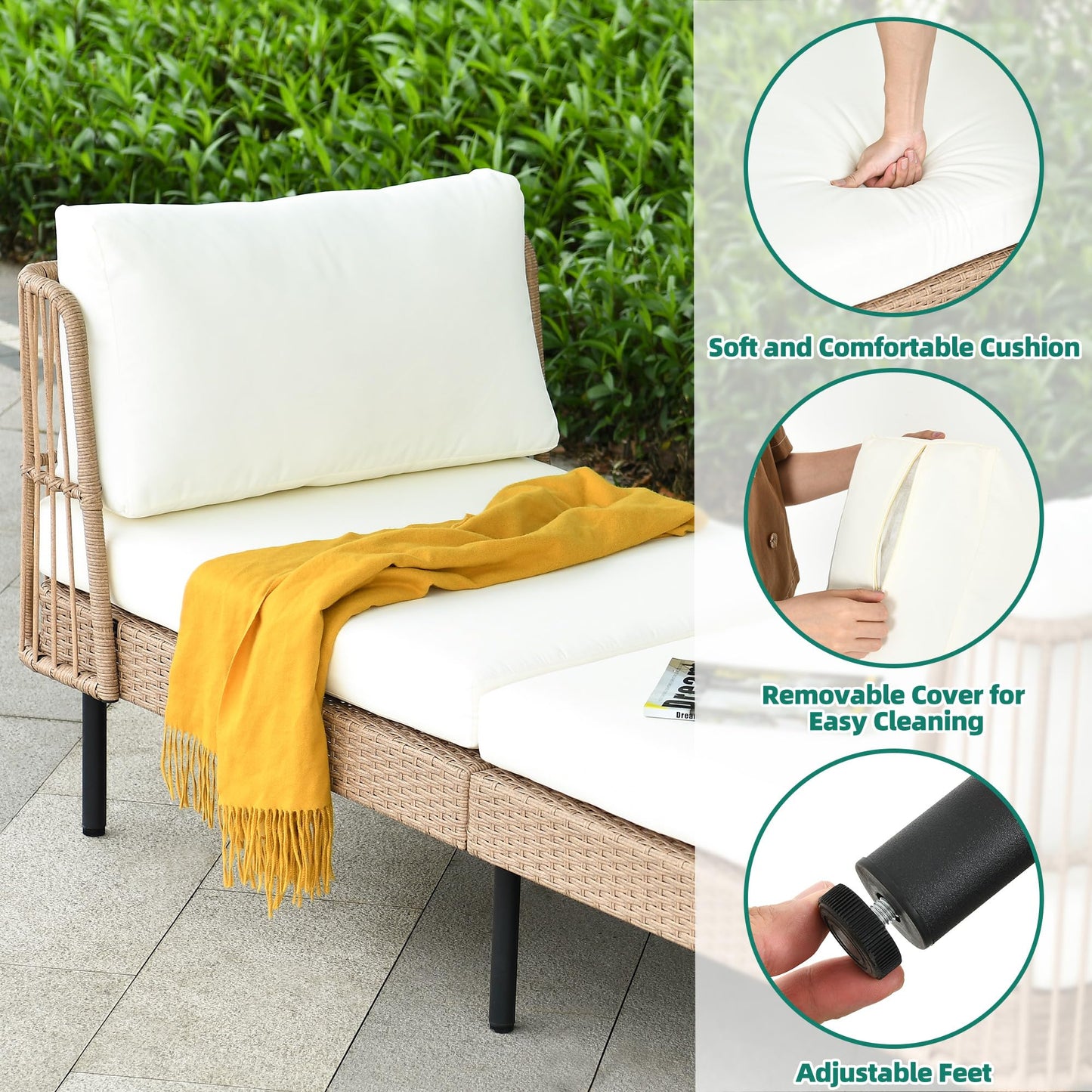 YITAHOME Wicker Outdoor Chaise Lounge, Oversized Patio Love Sofa, 74 Length Outdoor Indoor Upholstered Sofa Recliner Daybed with Thickness Cushion Indoor Lounger for Balcony Garden Pool - Beige