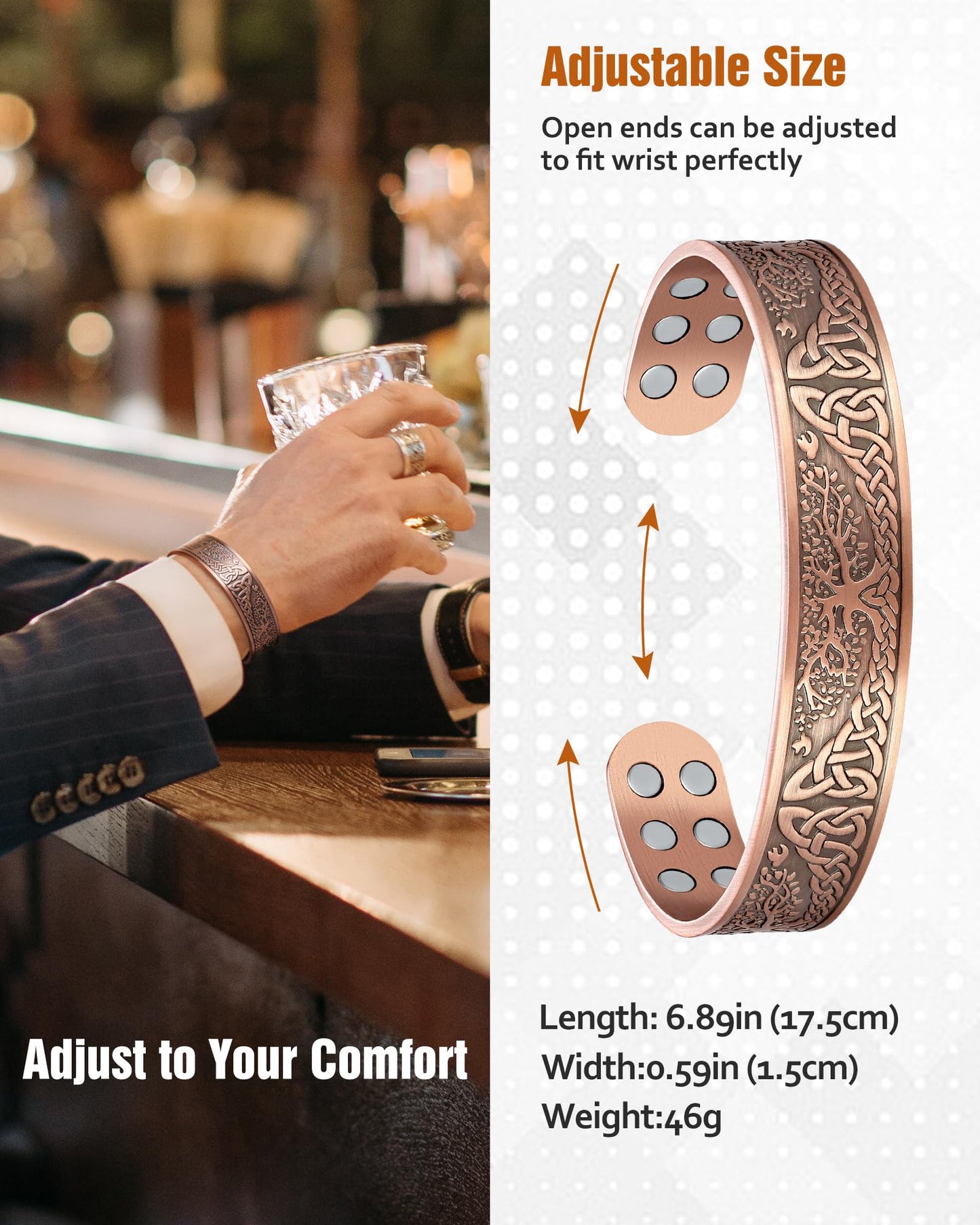 Jecanori Copper Bracelet for Men, 18X Strength 99.99% Pure Solid Mens Magnetic Copper Bracelets