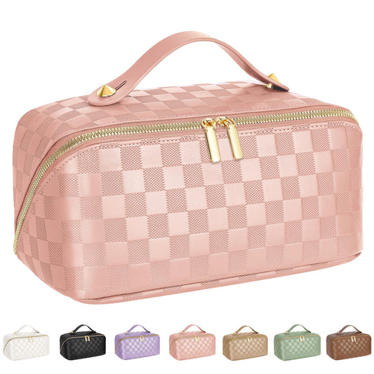 ALEXTINA Travel Makeup Bag, Vegan Leather Large Capacity Cosmetic Bags for Women,Waterproof Portable Pouch Open Flat Toiletry Bag Makeup Bag Organizer with Fixed Divider, Pink