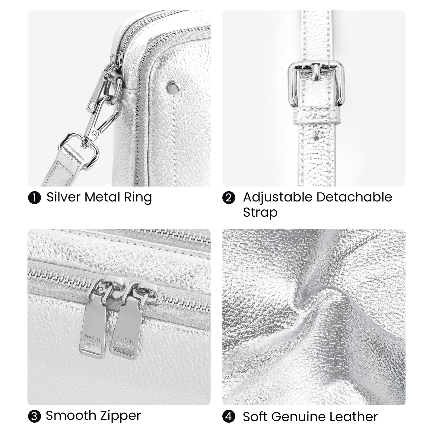 befen Genuine Leather Crossbody Bags for Women, Purses with Built in RFID Wallet Woman Camera Shoulder Bag Handbags (Siver)