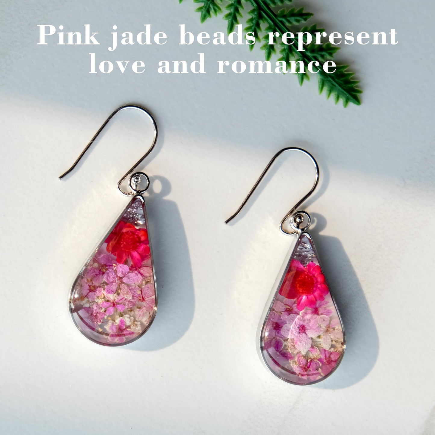 925 Sterling Silver Pressed Flower Teardrop Earrings,Hypoallergenic Women's Jewelry Gift for Mom,Handmade natural dried flower teardrop earrings Jewelry Gift (Emerald Rose Pink)