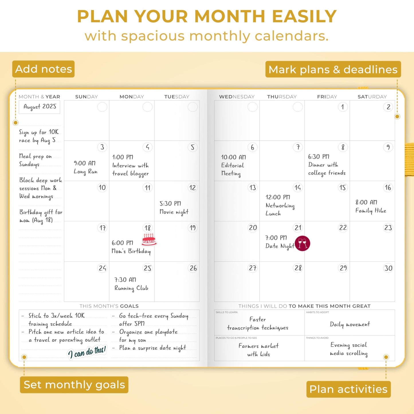Clever Fox Planner Schedule – Undated Weekly & Monthly Life Planner with Time Slots, Appointment Book & Daily Organizer, A5 (Yellow)
