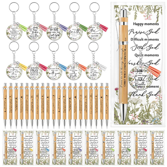 Spakon 10 Sets Fathers Day Christian Gifts Bulk Bible Verse Bamboo Pen Christian Floral Keychain Inspirational Bookmark Religious Church Gift for Church Members Women Sunday School Teacher (Bible)