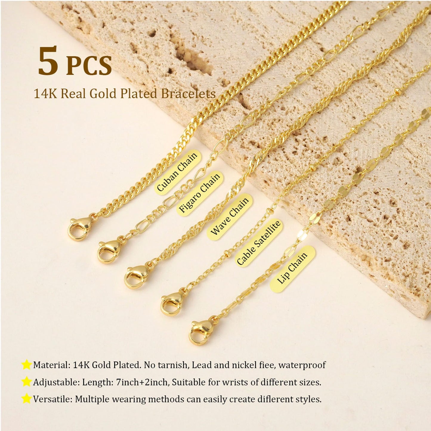 Gold Bracelets for Women, Dainty 14K Gold Plated Bracelet Stack for Women Trendy CZ Tennis Paperclip Cuban Chain Stackable Adjustable Waterproof Link Bracelet Jewelry Set Fashion Accessories Gifts