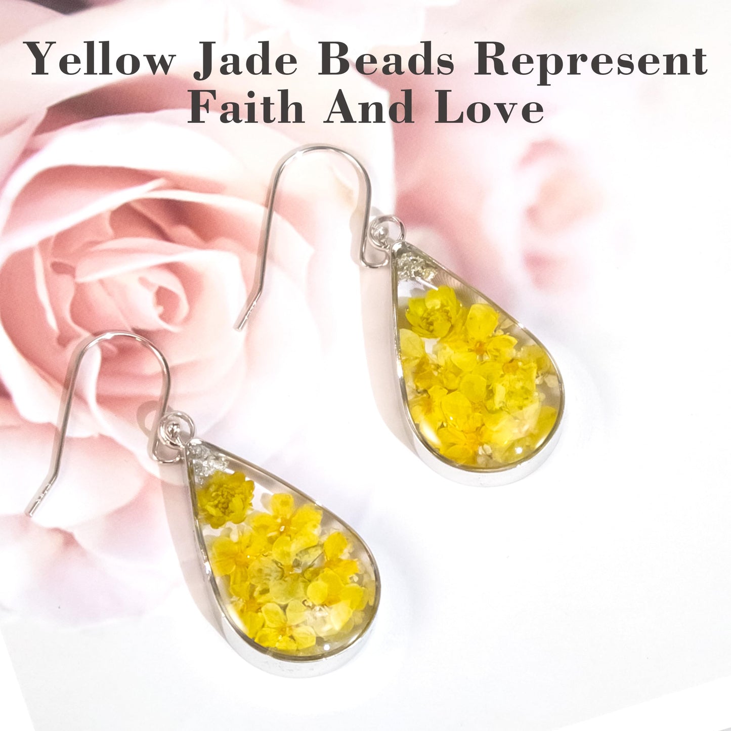 925 Sterling Silver Pressed Flower Teardrop Earrings,Hypoallergenic Women's Jewelry Gift for Mom,Handmade natural dried flower teardrop earrings Jewelry Gift (Yellow jade beads silver)