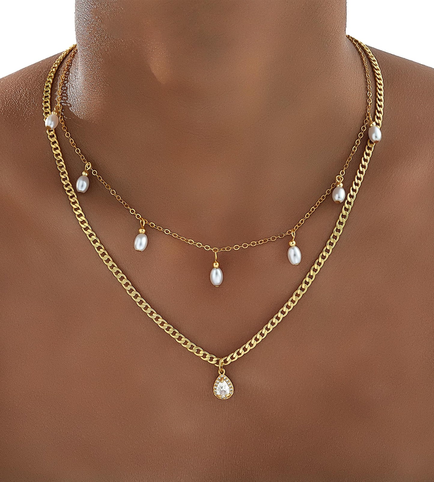 YEEZII Layered Gold Necklaces for Women Trendy, 3 Pcs 14K Gold Plated Choker Paperclip Box Chain Necklace, Stackable Women's Gold Pendant Necklaces Jewelry Set (Gold-3 Pcs-Pearl)