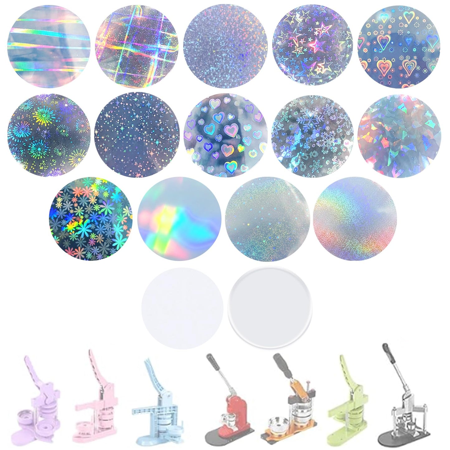 320Pcs Badge Protective Film, Button Maker Accessories Kit with Iridescent Film, 14 Styles Decorative Film, 1 Style Clear & 1 Style Printable Paper Inserts for 2.25 Inch (58mm) Badges