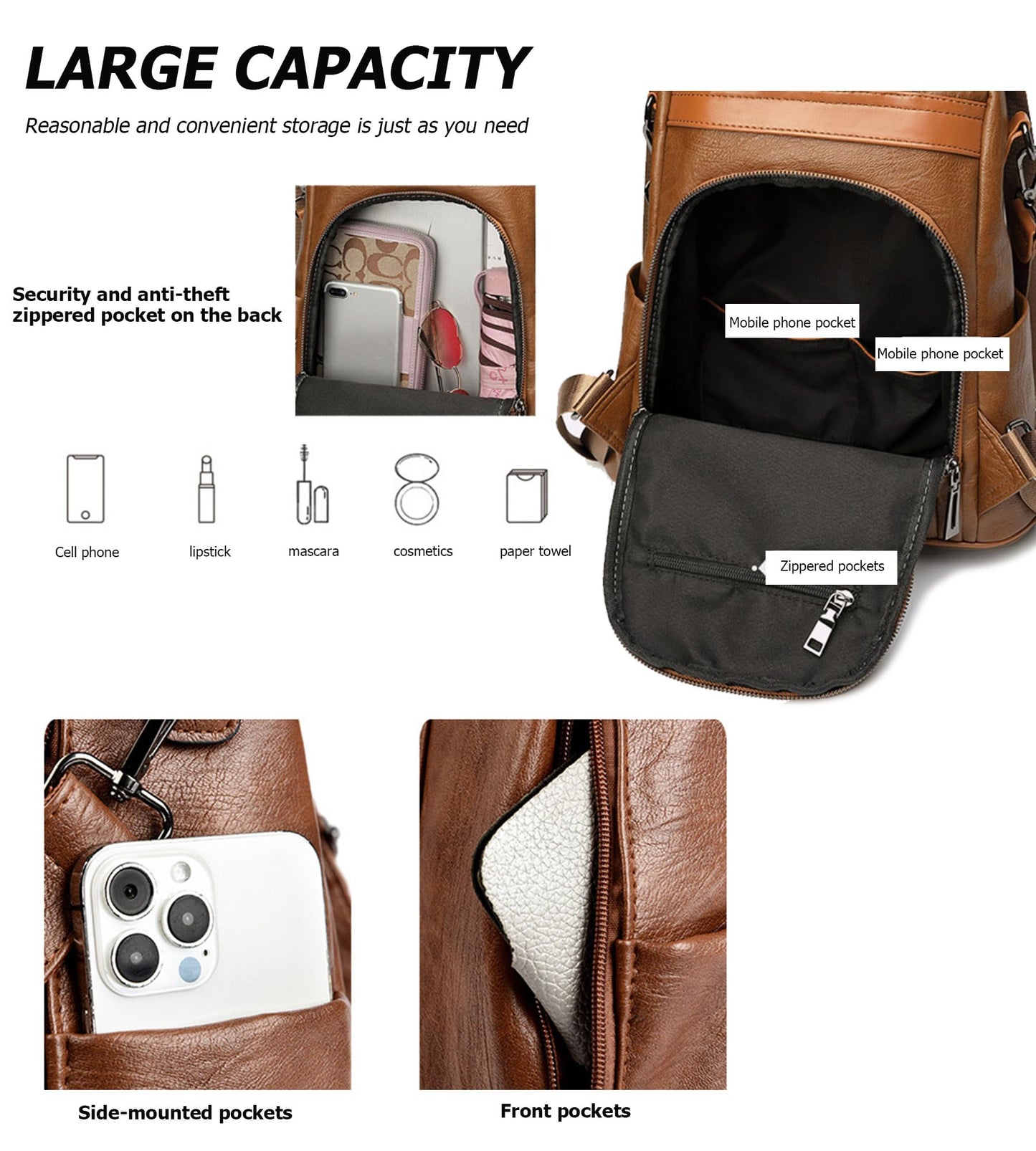 myfriday Vintage Faux Leather Backpack for Women, Soft Rucksack Backpack with Anti-Theft Pocket Convertible Shoulder Handbag (Brown)