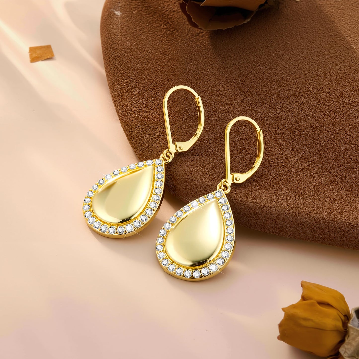 Waterdrop Gold Dangle Earrings for Women, LANCHARMED 14K Goldplated Large Waterdrop Earring with Cubic Zirconia Teardrop Dangle Gold Leverback Earrings for Women Trendy Statement Jewelry