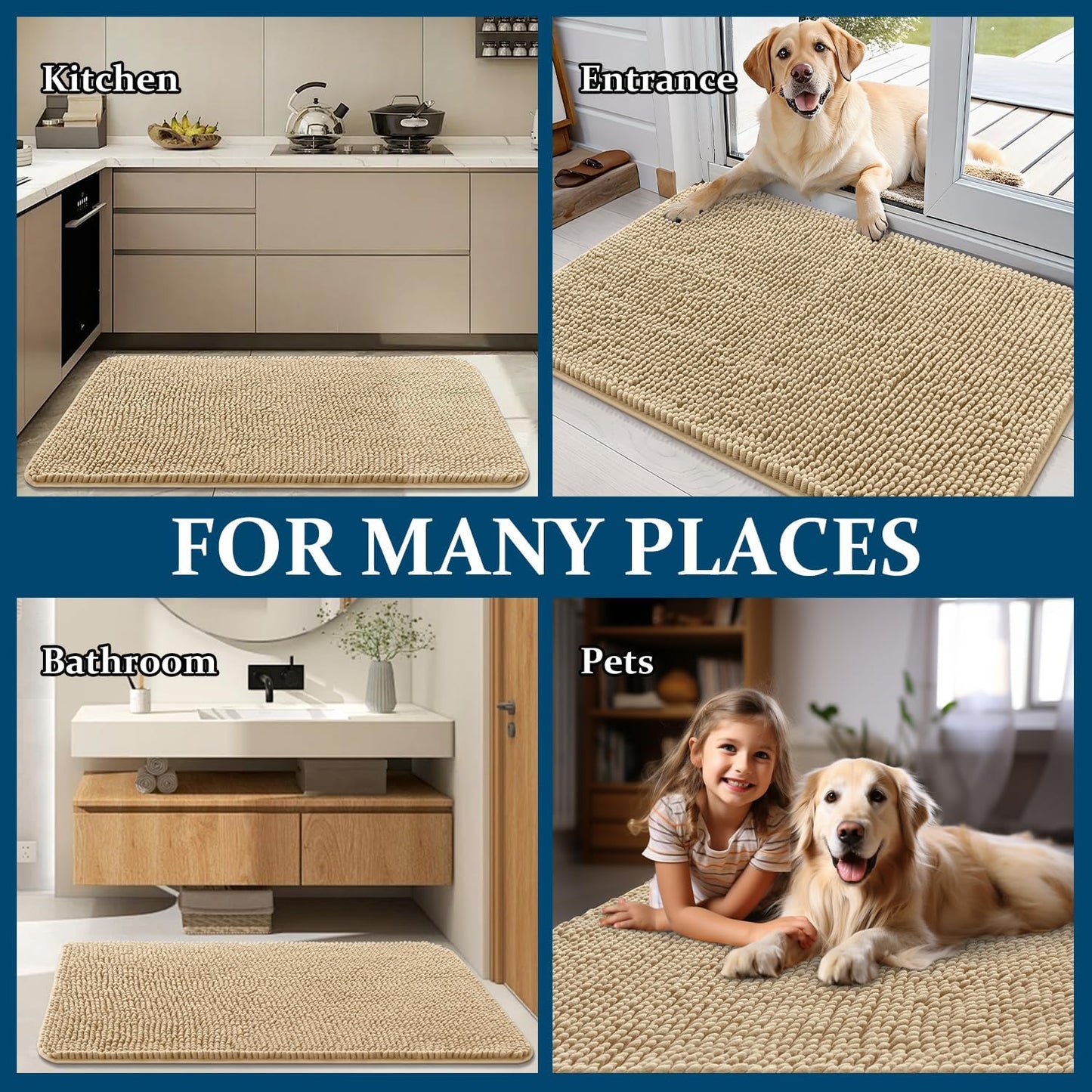 OLANLY Dog Door Mat - Absorbent Non-Slip Washable Chenille Mat for Muddy Paws | 30x17 Inches, Beige