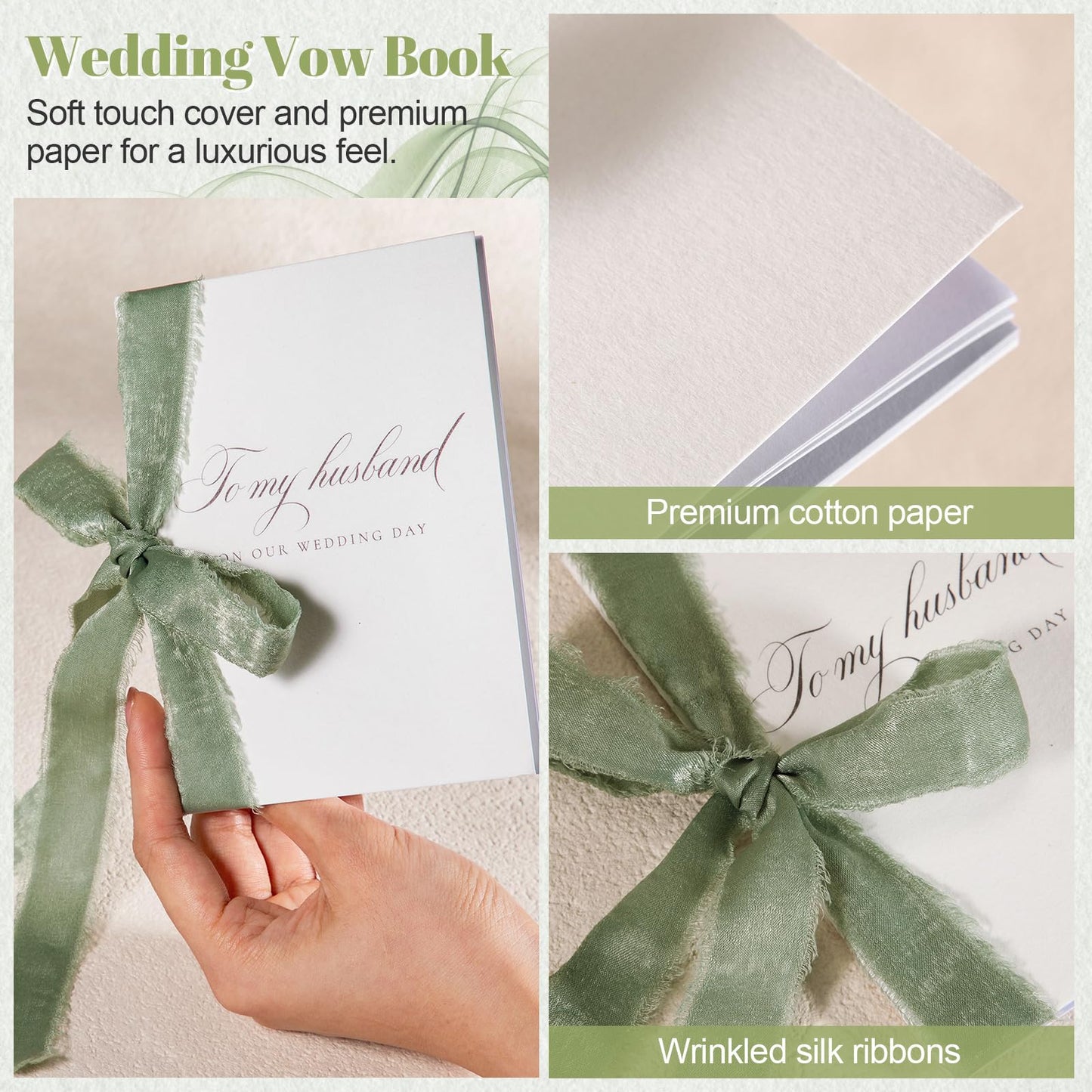 Engrowtic 2 Set Wedding Vow Books to My Husband Wife Vow Books with Silk Ribbon and Envelopes Wax Seals A6 Bride and Groom Guestbook for Bridal Shower Engaged Couple Wedding Essential(Sage Green)