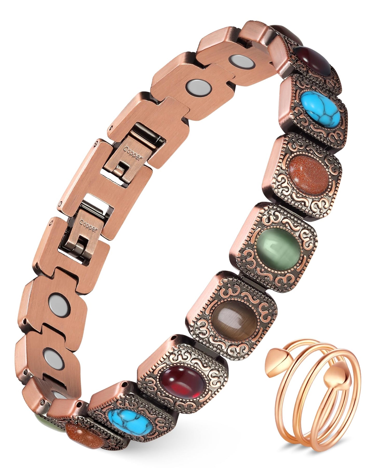 Feraco Pure Copper Bracelets & Rings for Women, Ultra Strength Magnetic Copper Bracelet with 3800 Gauss Magnets, Natural Turquoise & Stones, Adjustable Jewelry Gift