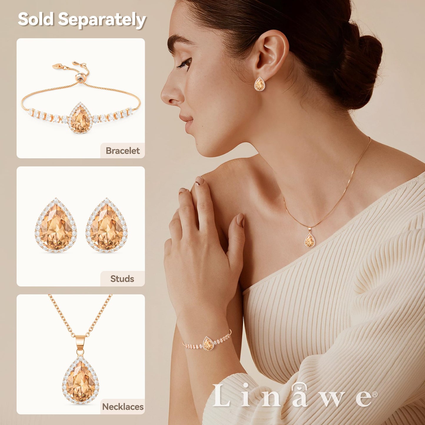 Linawe Rhinestone Fake Diamond Pendant Necklace for Women Trendy, Rose Gold Color Champagne Cubic Zirconia Crystal Moissanite Gemstone Tear Drop Necklaces, Dainty Simple Solitaire Necklace