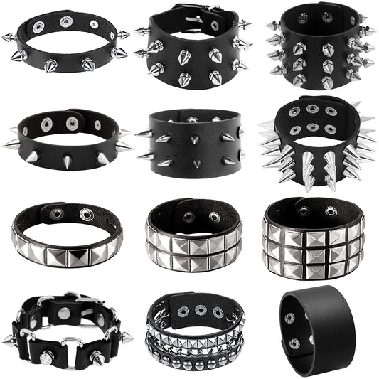 NEWITIN 12 Pieces PU Leather Bracelets Punk Bracelet Adjustable Goth Cuff Bracelet Gothic Rivet Buckle Wristbands Black Bracelets for Men Women