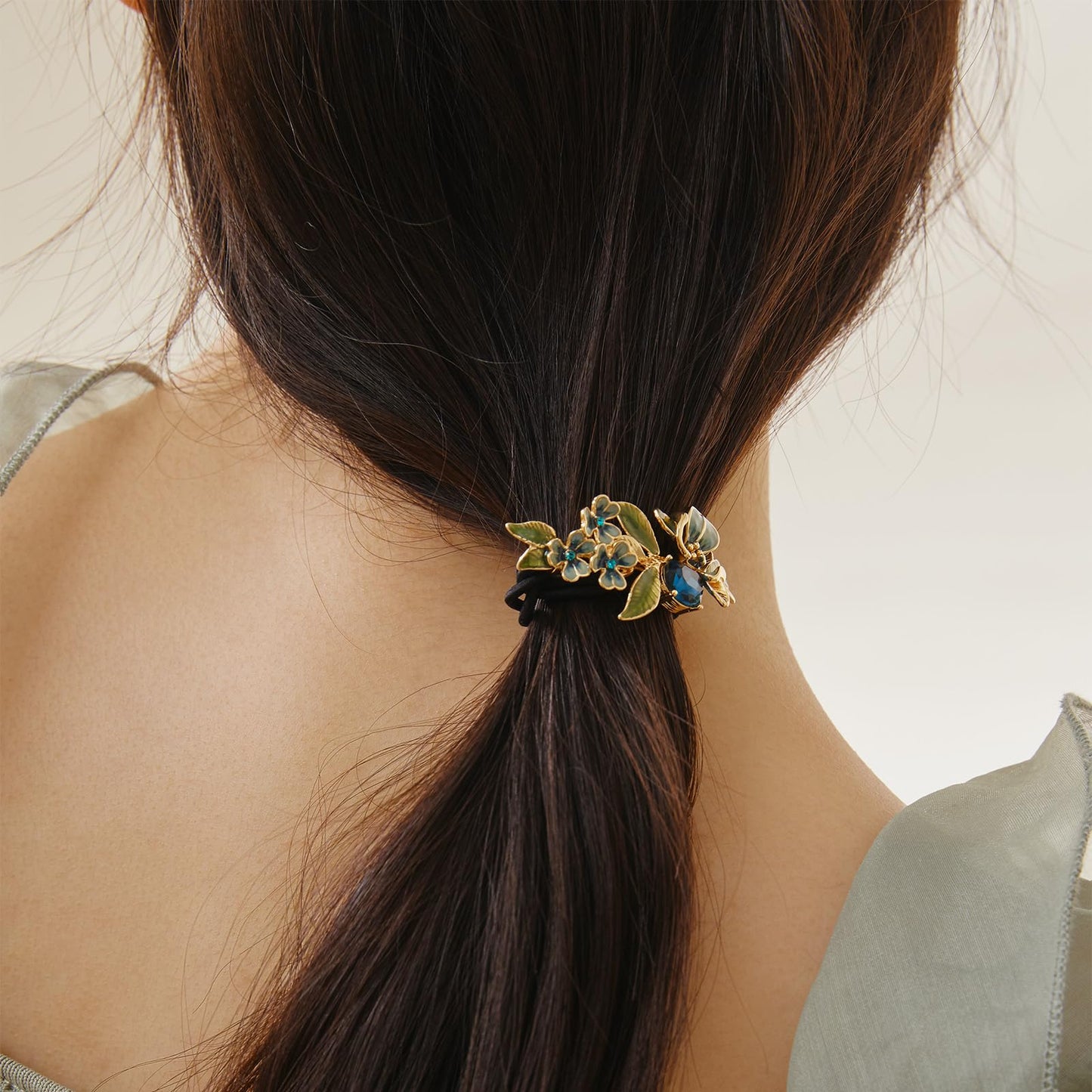 SHE'S FREE STYLE JUST FOR YOU Hair Scrunchies Iris Flower Crystal Ponytail Holder, Handmade Enamel Floral Hair Elastics for Women, Double Band Hair Ties for Girls Hair Accessory (Purple)