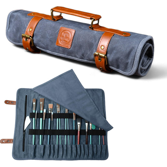 Earth & Fiber Co. Waxed canvas paint brush holder - Art bag for painting, drawing & art supplies - Painting supplies for adults - Storage roll bag for artists (blue)