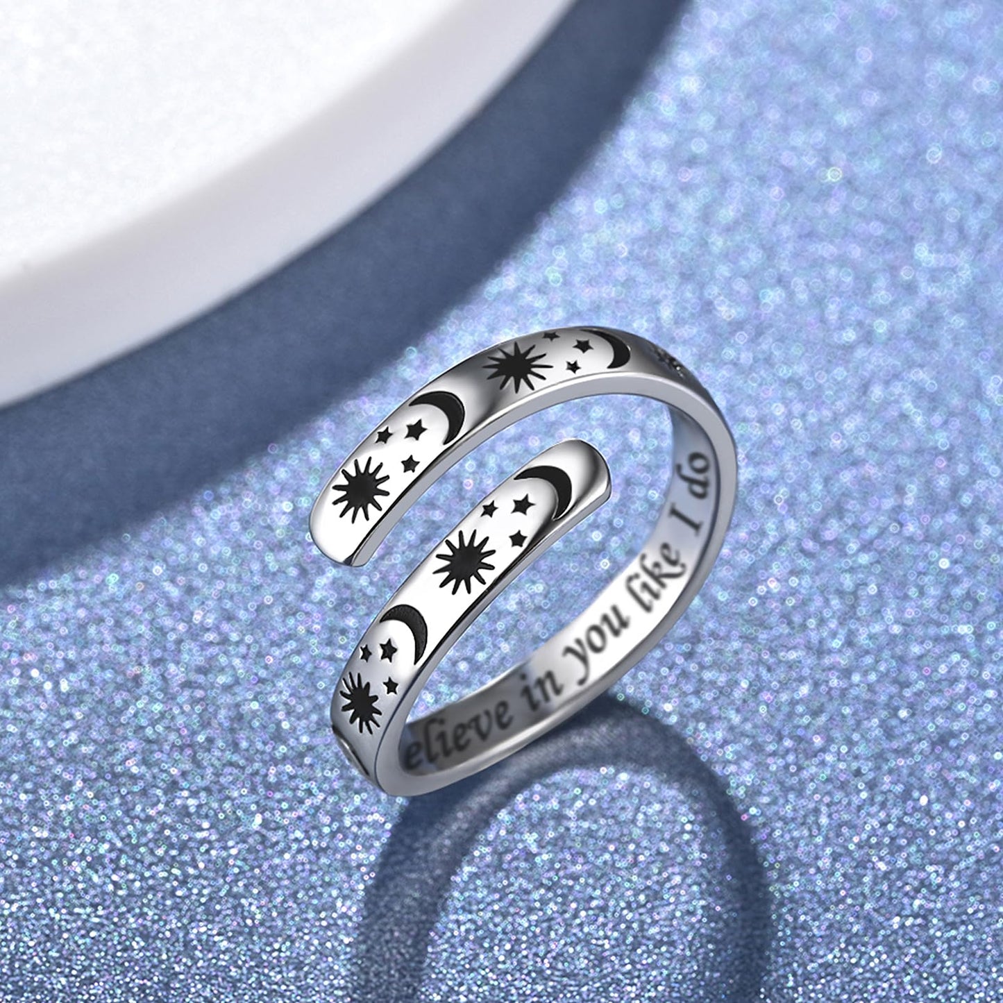925 Sterling Silver Inspirational Jewelry Adjustable Wrap Open Ring Encouragement Gift for Women (Sun & Moon - Believe in you like I do)