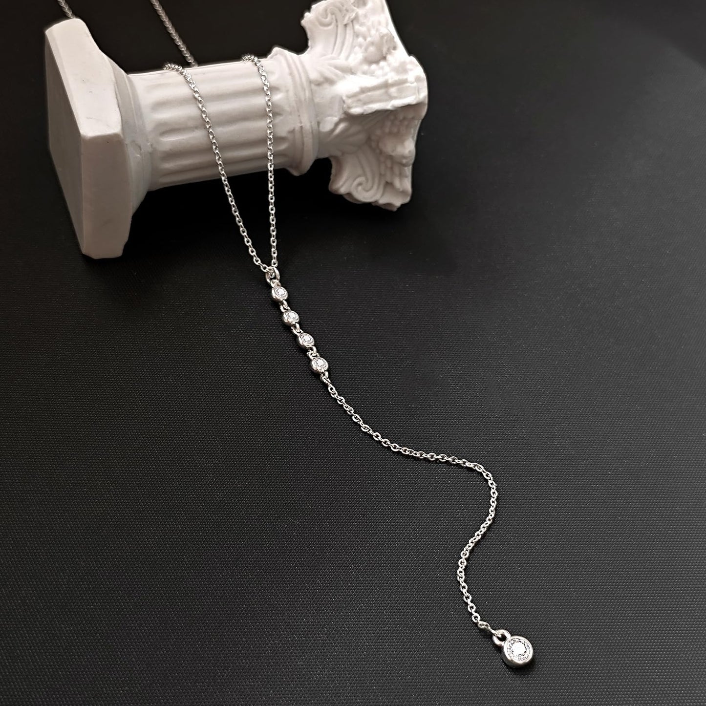 Zeffy Long Silver Necklace for Women - Dainty Silver Teardrop Drop Lariat Necklace Trendy Simple CZ Y-Shaped Body Chain Wedding Prom Dangle Statement Necklace Jewelry Gifts