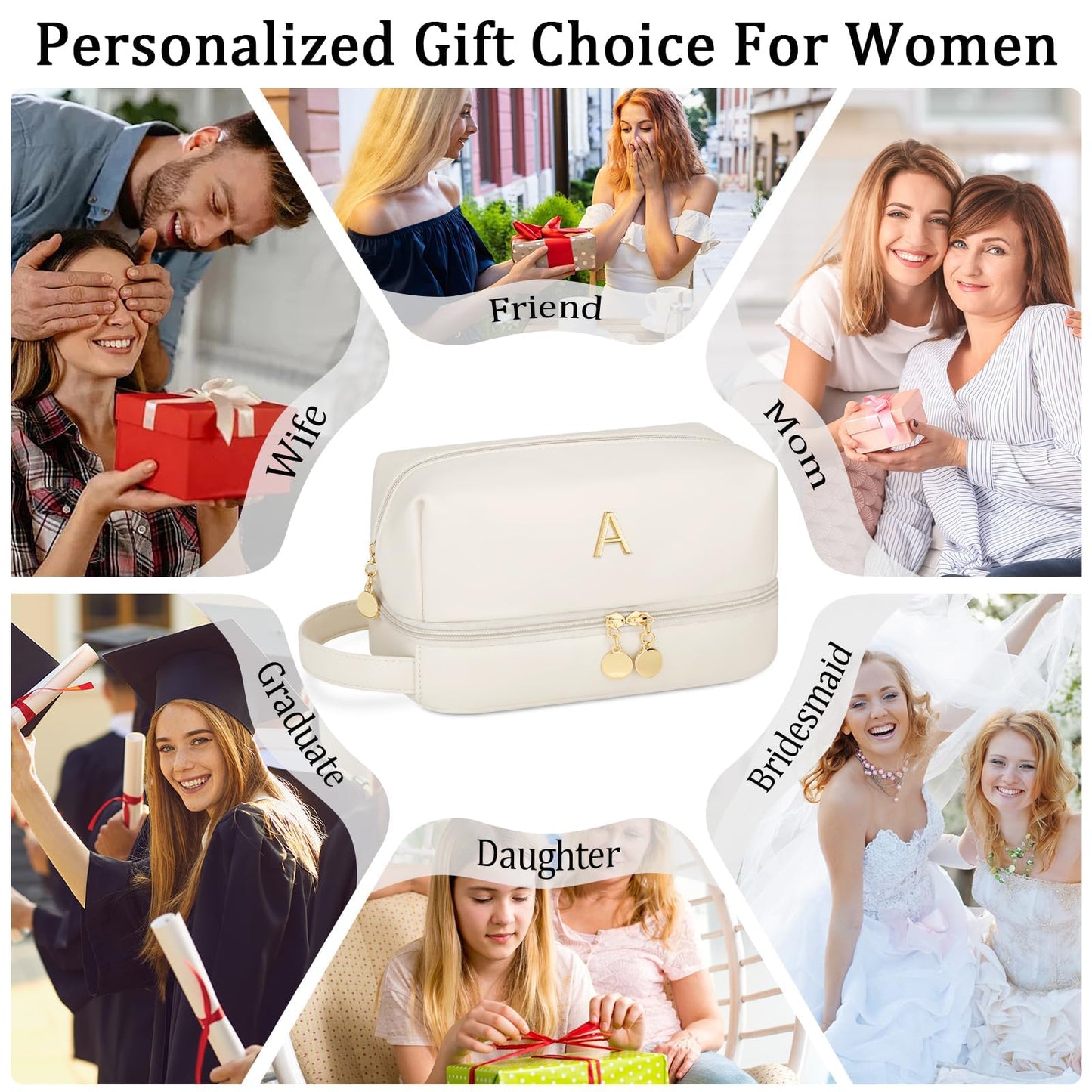 CLOUDWINGS Initial Makeup Bag for Women - Personalized Double Layer Cosmetic Bags with Makeup Brush Organizer, Hanging Travel Toiletry Bag with Large Capacity, Gifts for Mom Girlfriend Wife（Beige A）