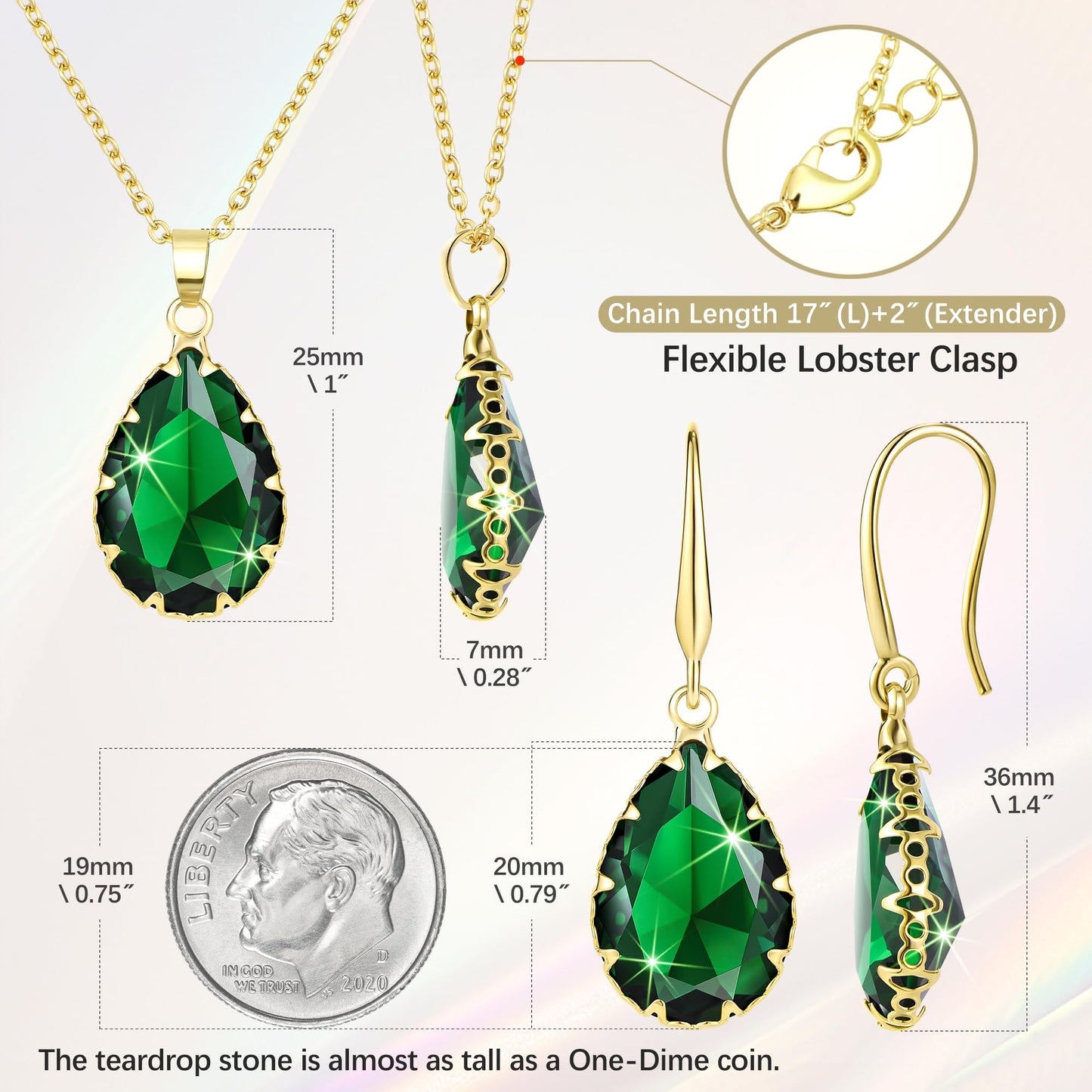 Linawe Emerald Crystal Jewelry Sets for Women, Gold Pendant Necklace Set, Green Imitation Diamond Drop Dangle Earrings Set, Boho Rhinestone Matching Jewelry for Wedding Bridal Bridesmaid