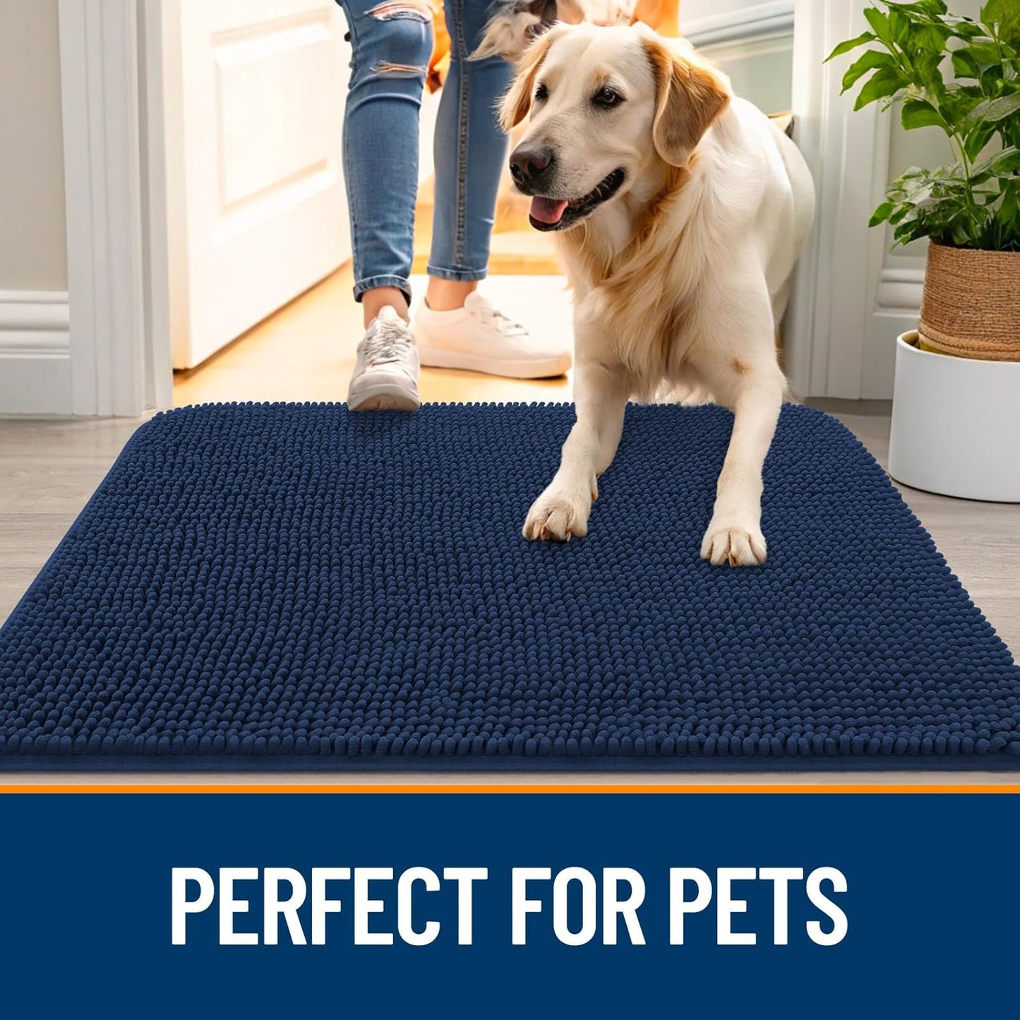 OLANLY Dog Door Mat - Absorbent Non-Slip Chenille Mat for Muddy Paws | 59x24 Inches, Dark Blue