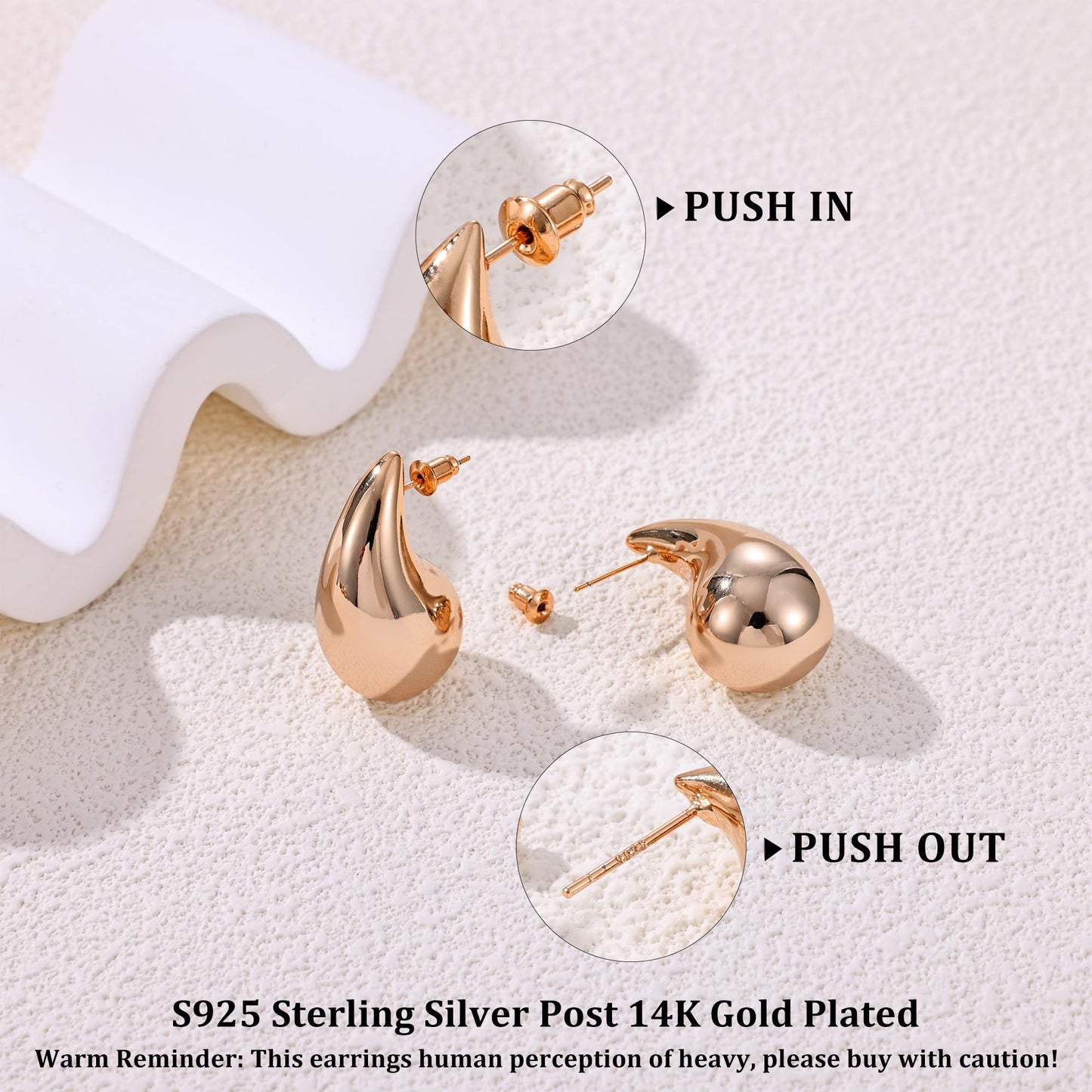Gacimy 14K Rose Gold Plated Teardrop Earrings Dupes for Women, Chunky Drop Earrings for Women with 925 Sterling Silver Post, 1.2Inches Rosegold