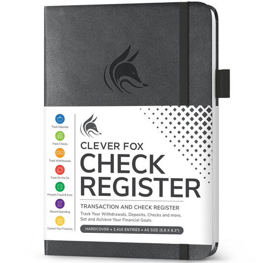 Clever Fox Check Register Book - Deluxe Transaction Register, Accounting Ledger Book, Checkbook Register & Checking Account Register Book for Personal and Work Use, A5 Hardcover - Mystic Gray