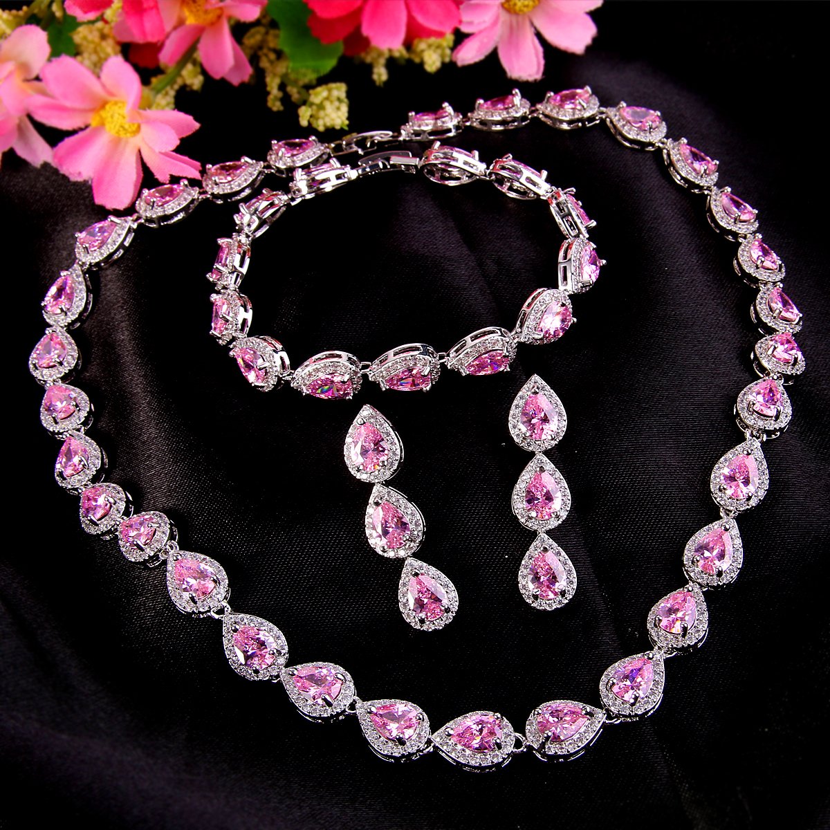 EVER FAITH Wedding Jewelry October Birthstone Pink Tourmaline-Color CZ Tear Drop Necklace Earrings Bracelet Set