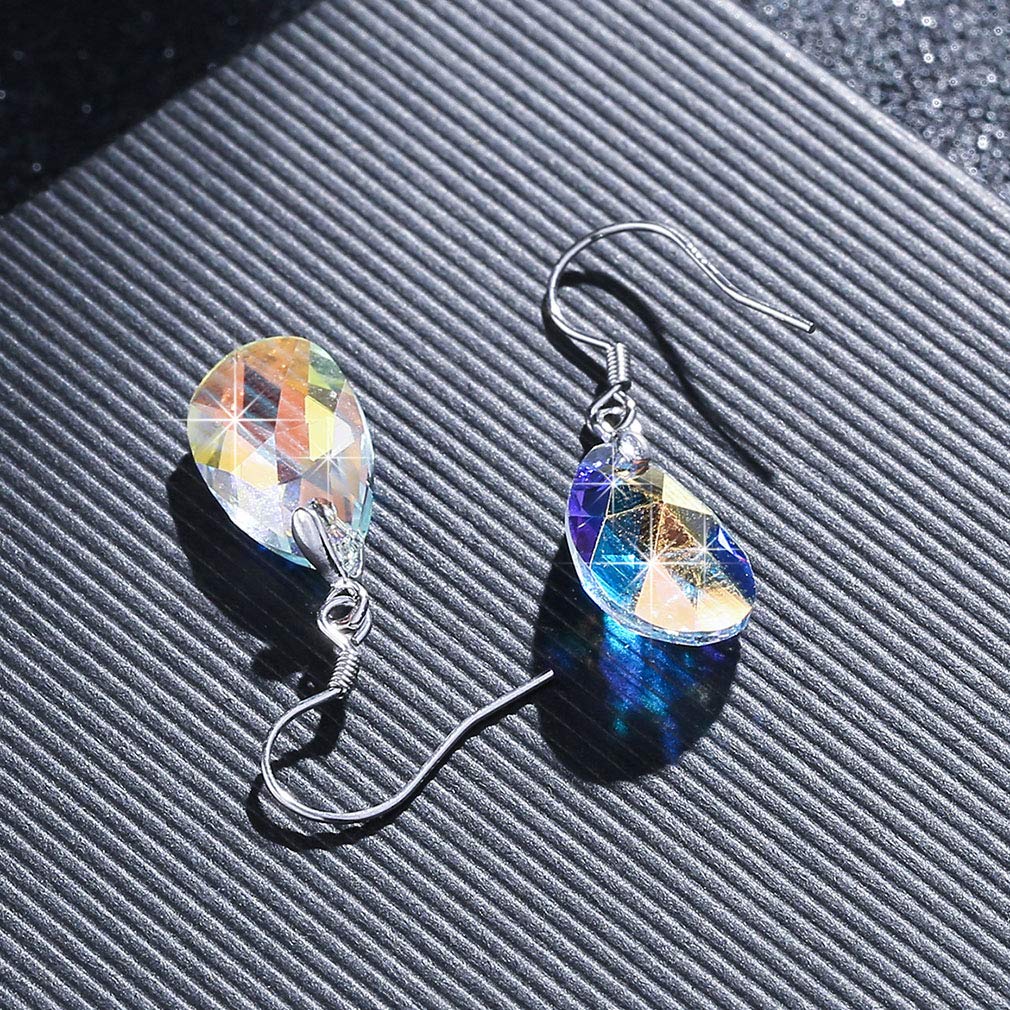 Austrian Crystal Teardrop Dangle Earrings for Women Drop Hook Earring 925 Sterling Silver Hypoallergenic Jewelry (Aurora Borealis)
