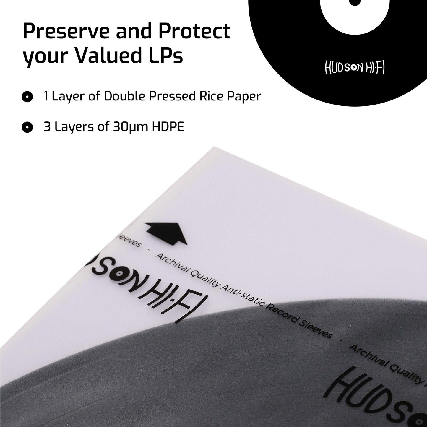 Hudson Hi-Fi Anti-Static Vinyl Record Sleeves - Durable Clear Disc Sleeves- Protect Your LP Albums from Scratches, Dust & Dirt - Acid-Free Rice Paper Disc Covers, 100x Inner Sleeves