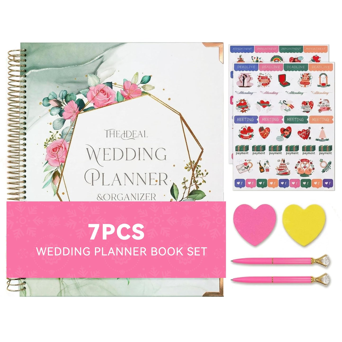 7Pcs Wedding Planner Book and Organizer, Engagement, Wedding Gifts for Couples, Bride, 176 Pages Bride Wedding Planning Book, Waterproof Cover, Thick Hard Cover with Metal Corners, 9 X 11''