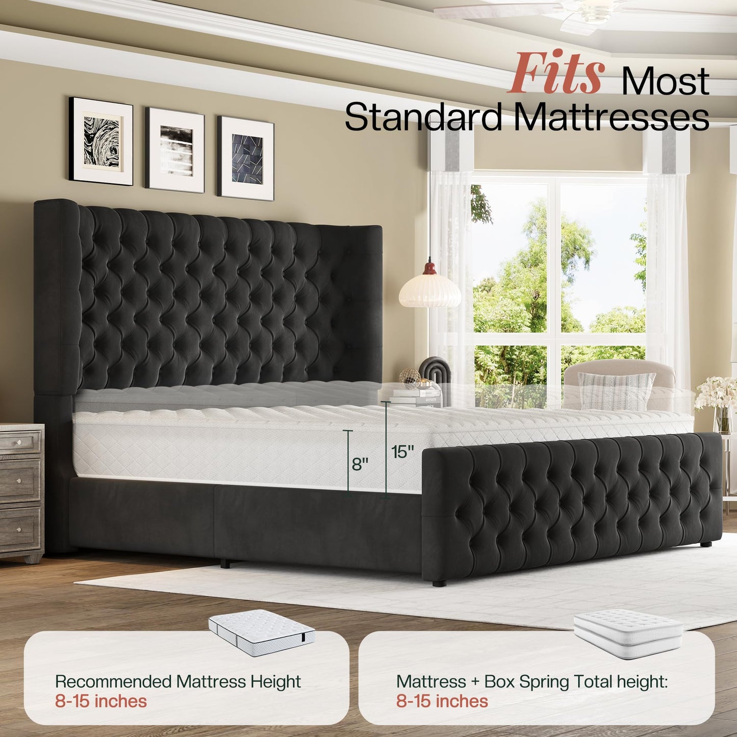 Jocisland King Size Platform Bed Frame, 6.3" Thick Upholstered Curved Wingback Headboard and Footboard with Deep Button Tufted, Easy Assembly, No Box Spring Needed, Black Velvet