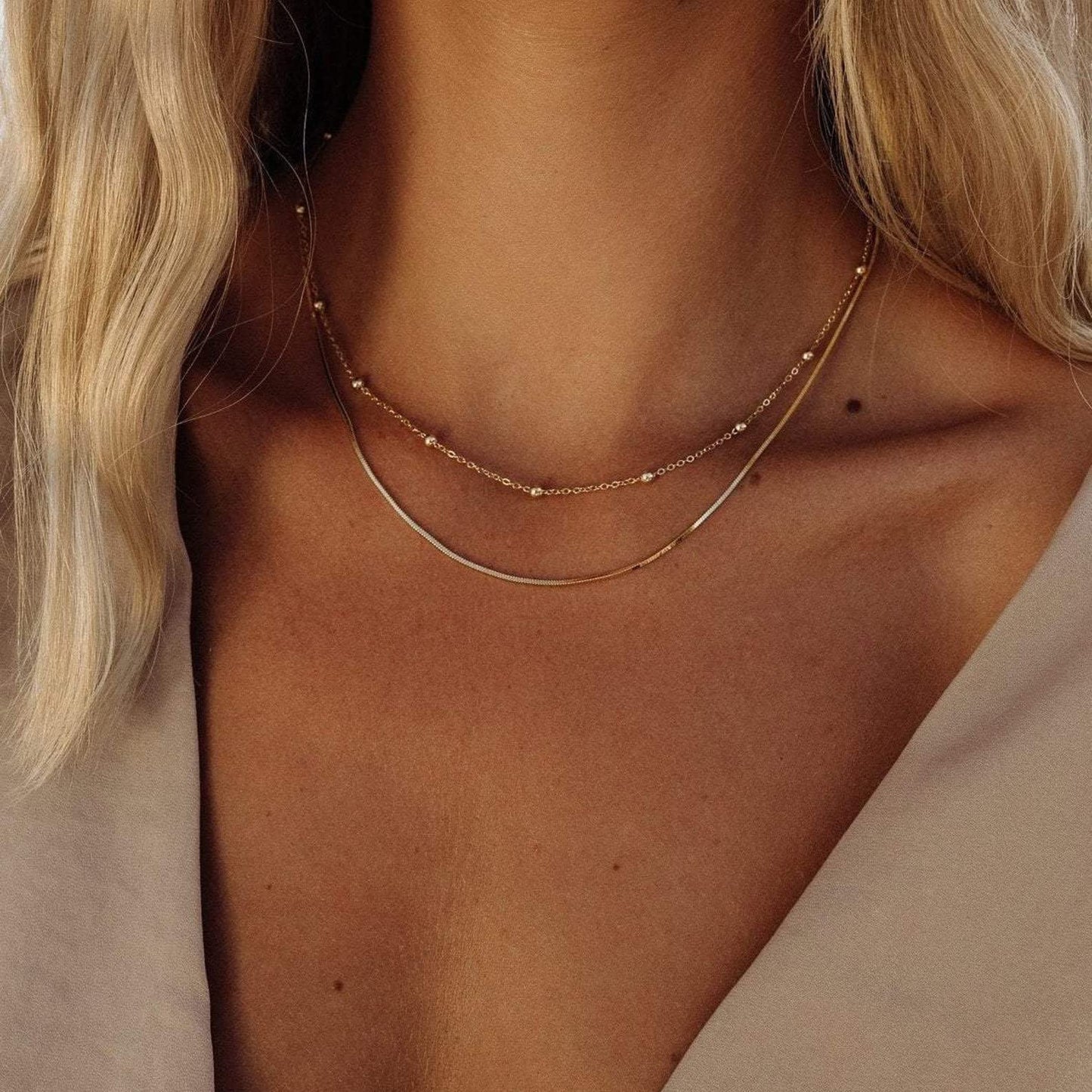 Freekiss Dainty Gold Necklace - Simple Herringbone Choker, 14k Gold Plated Beaded Snake Necklace Gift for Women