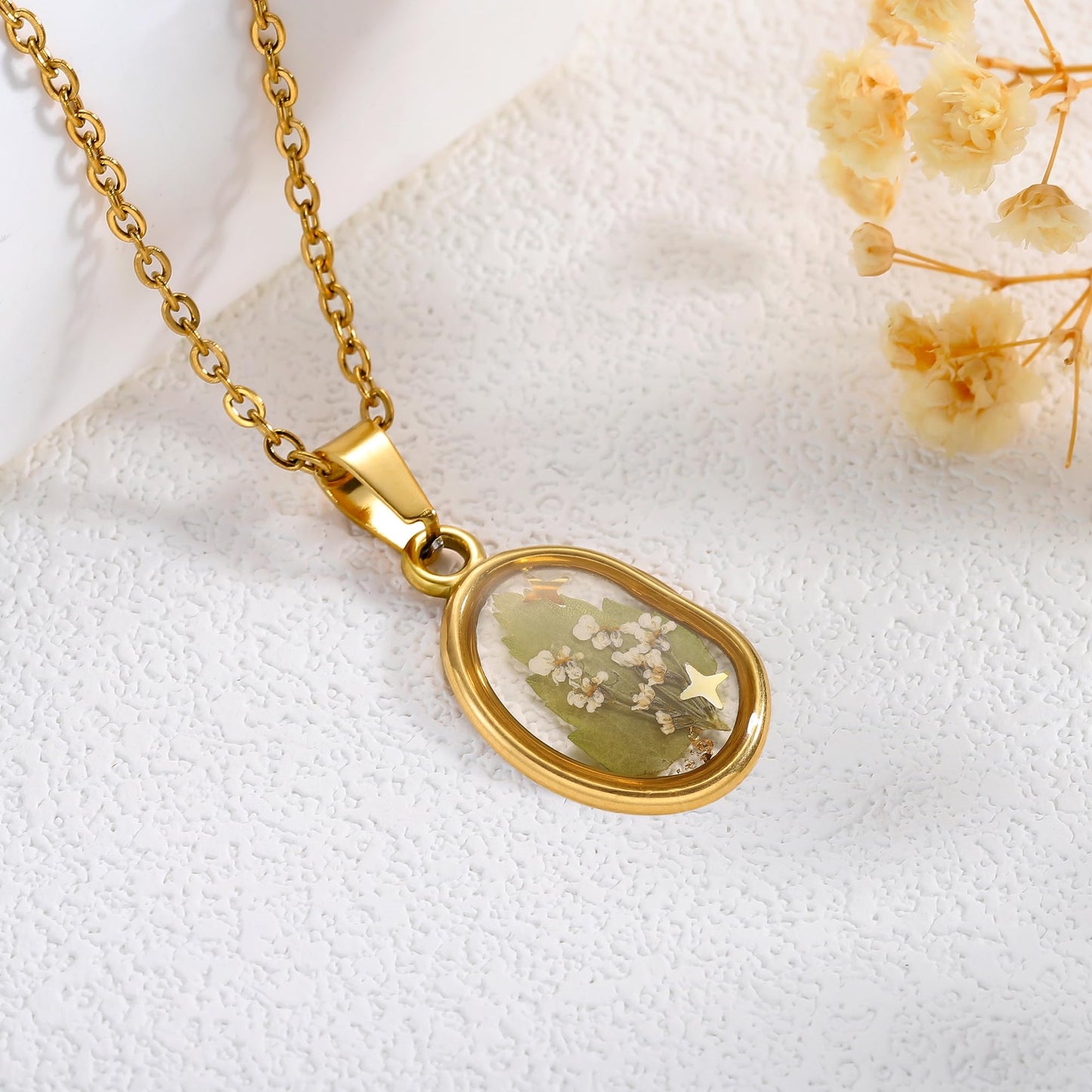 LETFLY Birth Flower Necklaces for Women, 18K Gold Plated Oval Shaped Handmade Floral Pendant, Pressed Flower Necklace Jewelry Gifts Balance