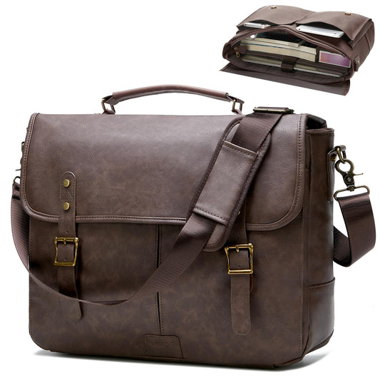 Leather Messenger Bag for Men Women, 15.6in Laptop Briefcase Vintage Waterproof Laptop Bag Shoulder Bags for Business Work Travel, Coffee Brown Satchel Office Bag