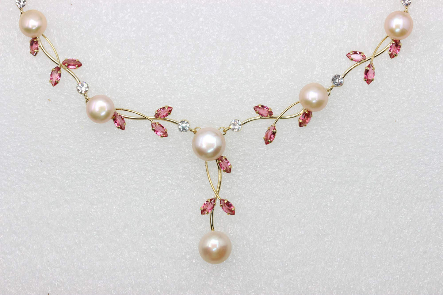 Faship Gorgeous Rose (Pink) CZ Crystal Genuine Freshwater Pearls Floral Necklace Earrings Set - Rose/Gold-Plated