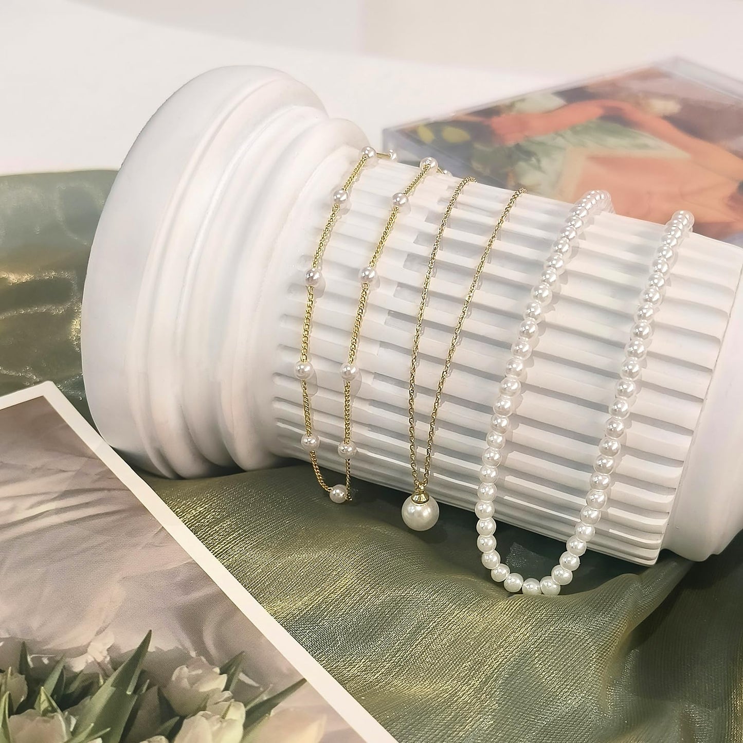 Zeffy Layered Gold Pearl Necklaces for Women 14K Gold Plated Dainty Layered Tiny Single Pearl Choker Trendy Cute Gold Necklace Stack Wedding Jewelry Sets for Women Bridesmaid Gifts